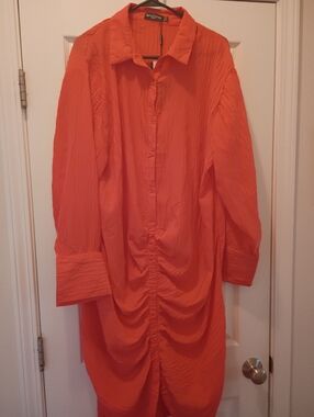 New Women's Spring Bright Orange Button-Front Long Shirt Dress (1X)